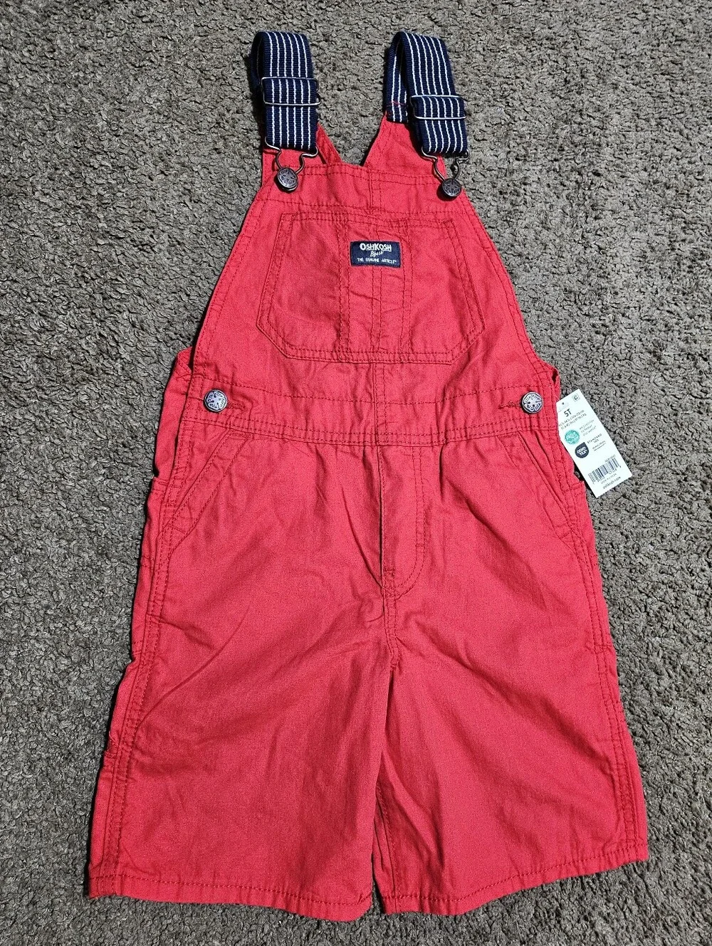OSHKOSH B'GOSH TODDLER RED NAVY STRIPE STRAP SHORTALLS OVERALLS UNISEX 5T